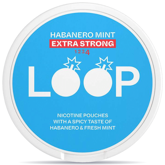 Front view of a can of LOOP Habanero Mint Extra Strong nicotine pouches