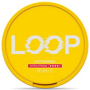 Front view of a can of LOOP Hot Mango Extra Strong nicotine pouches