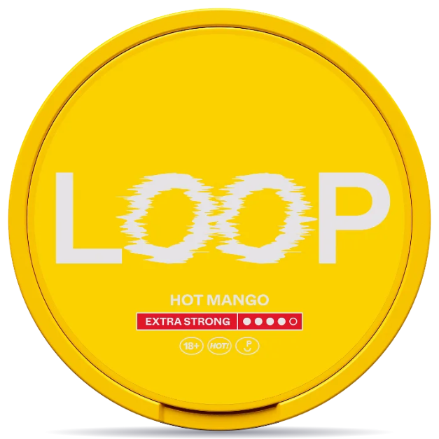 Front view of a can of LOOP Hot Mango Extra Strong nicotine pouches