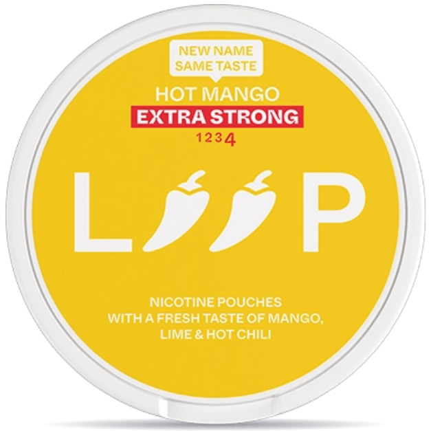 Front view of a can of LOOP Hot Mango Extra Strong nicotine pouches