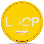 Front view of a can of LOOP Hot Mango Strong nicotine pouches