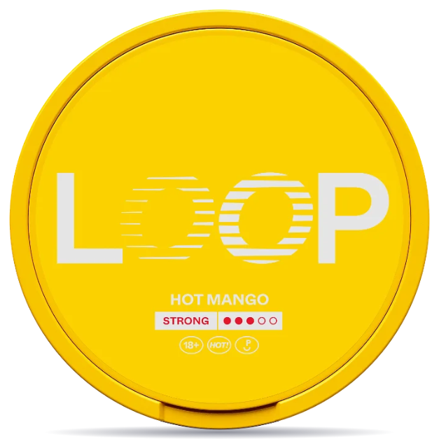 Front view of a can of LOOP Hot Mango Strong nicotine pouches