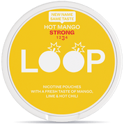 Front view of a can of LOOP Hot Mango Strong nicotine pouches