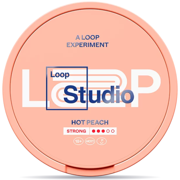 Front view of a can of LOOP Hot Peach Strong nicotine pouches