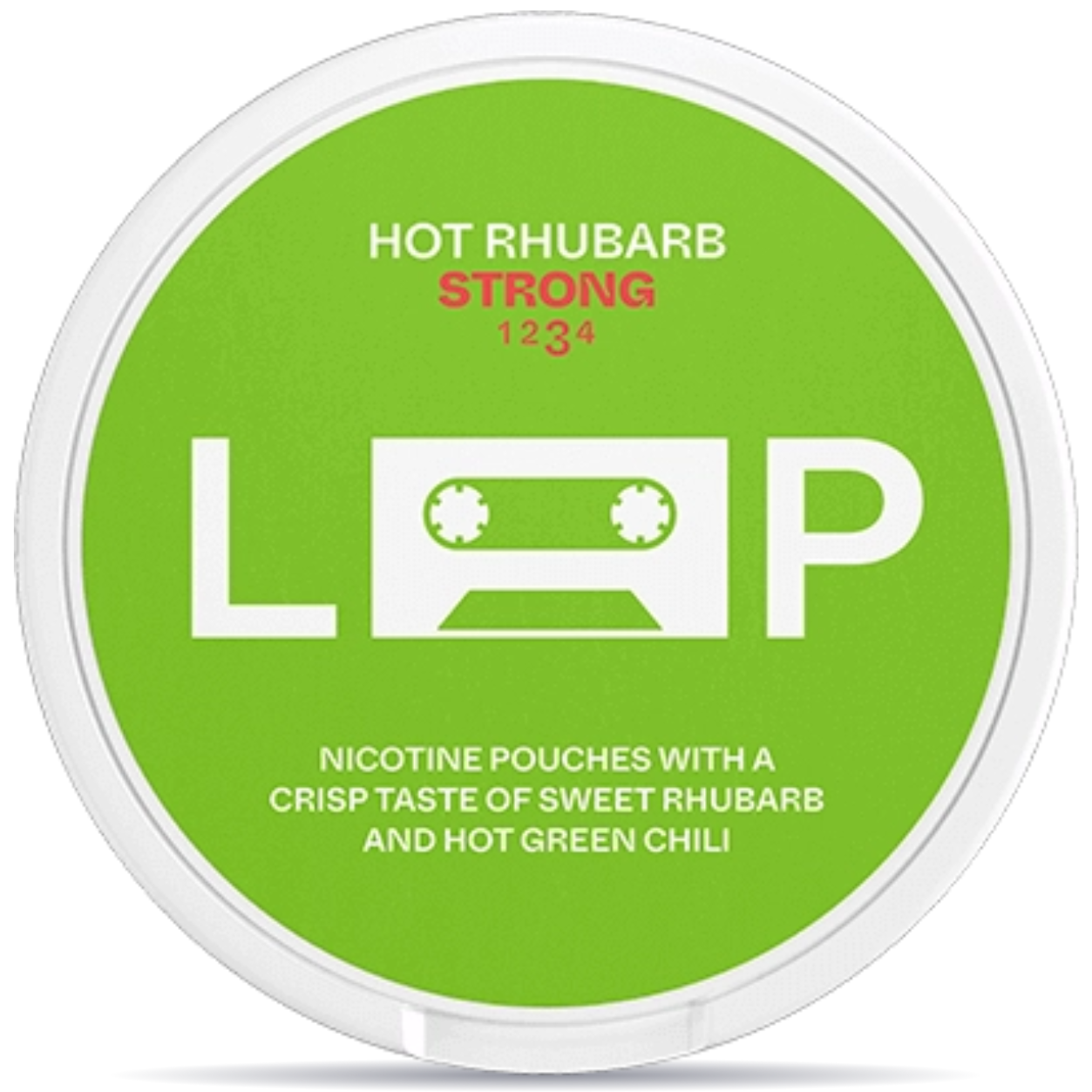 Front view of a can of LOOP Hot Rhubarb Strong nicotine pouches