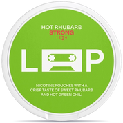 Front view of a can of LOOP Hot Rhubarb Strong nicotine pouches