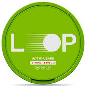 Front view of a can of LOOP Hot Rhubarb Strong nicotine pouches