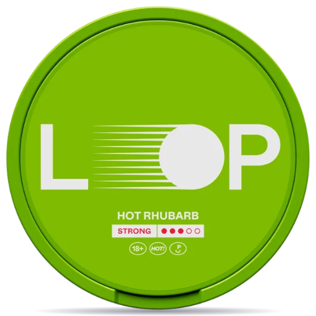 Front view of a can of LOOP Hot Rhubarb Strong nicotine pouches