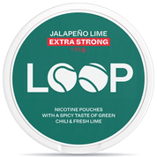 Front view of a can of LOOP Jalapeno Lime Slim Extra Strong nicotine pouches