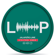 Front view of a can of LOOP Jalapeno Lime Slim Extra Strong nicotine pouches