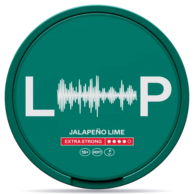 Front view of a can of LOOP Jalapeno Lime Slim Extra Strong nicotine pouches