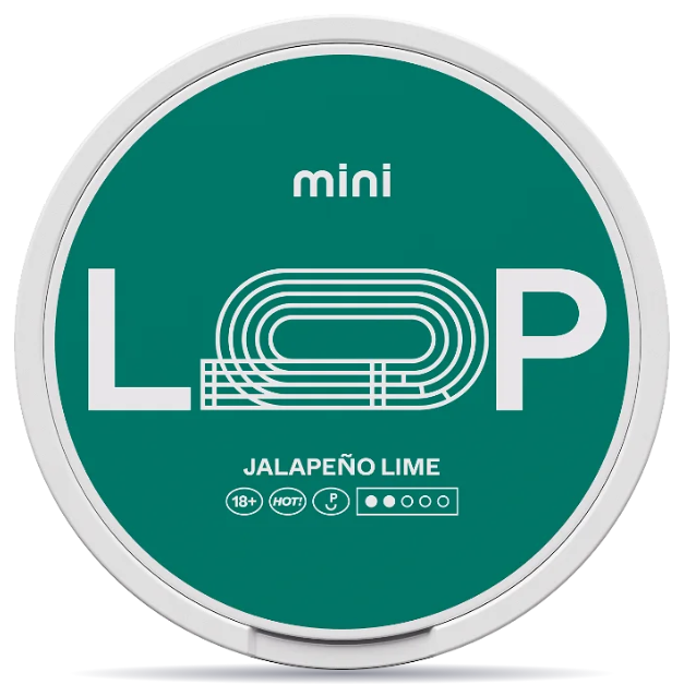 Front view of a can of LOOP Jalapeno Lime Mini nicotine pouches