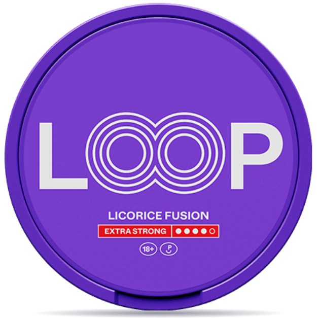 Front view of a can of LOOP Licorice Fusion Extra Strong Slim nicotine pouches