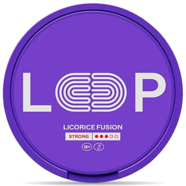 Front view of a can of LOOP Licorice Fusion Strong Slim nicotine pouches