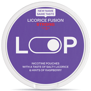 Front view of a can of LOOP Licorice Fusion Strong Slim nicotine pouches