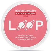 Front view of a can of LOOP Red Chili Melon Extra Strong Slim nicotine pouches