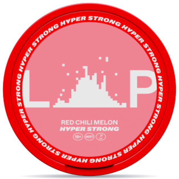 Front view of a can of LOOP Red Chili Melon Hyper Strong nicotine pouches