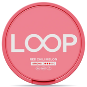 Front view of a can of LOOP Red Chili Melon Strong nicotine pouches