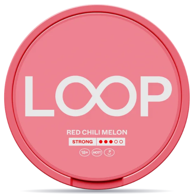 Front view of a can of LOOP Red Chili Melon Strong nicotine pouches