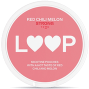 Front view of a can of LOOP Red Chili Melon Strong nicotine pouches