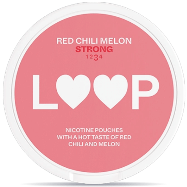 Front view of a can of LOOP Red Chili Melon Strong nicotine pouches