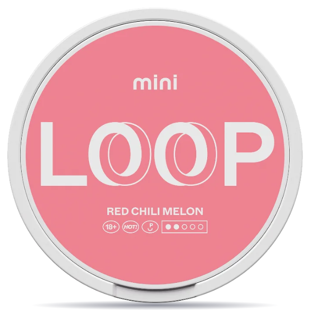 Front view of a can of LOOP Red Chili Mini nicotine pouches