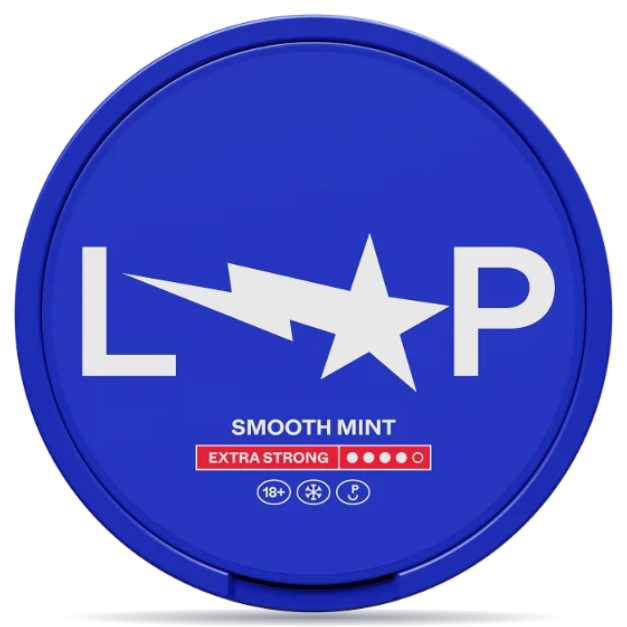 Front view of a can of LOOP Smooth Mint Extra Strong nicotine pouches