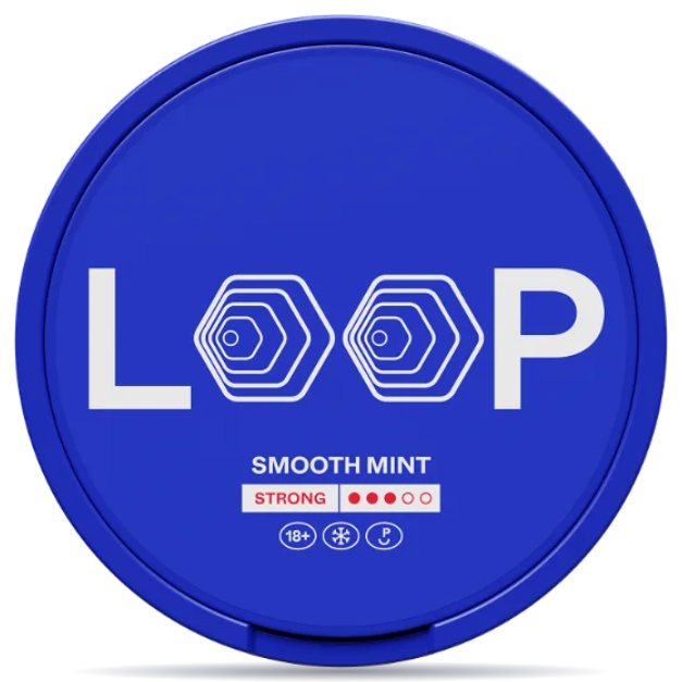 Front view of a can of LOOP Smooth Mint Slim Strong nicotine pouches