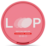 Front view of a can of LOOP Red Chili Melon Extra Strong Slim nicotine pouches