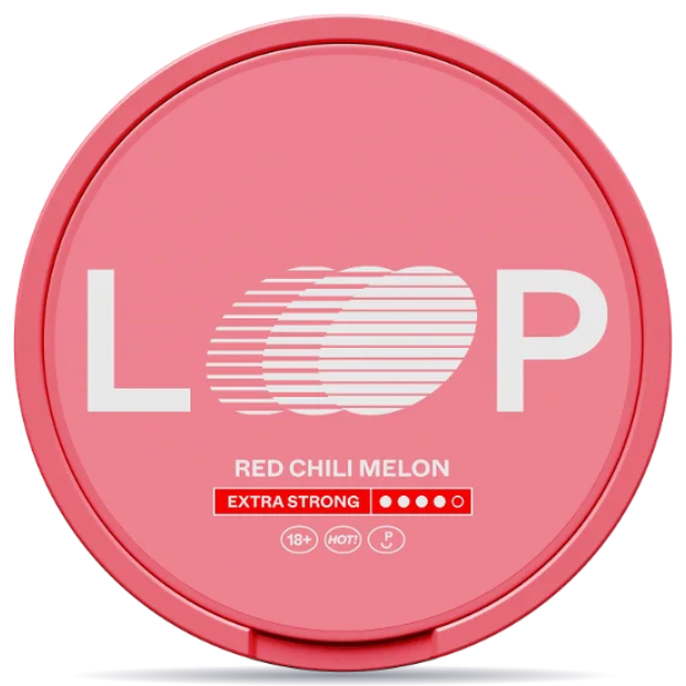 Front view of a can of LOOP Red Chili Melon Extra Strong Slim nicotine pouches