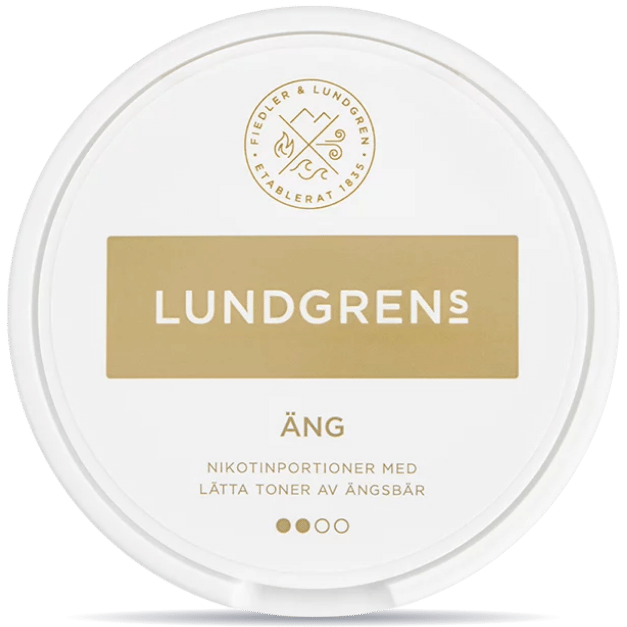 Front view of a can of Lundgrens Äng nicotine pouches