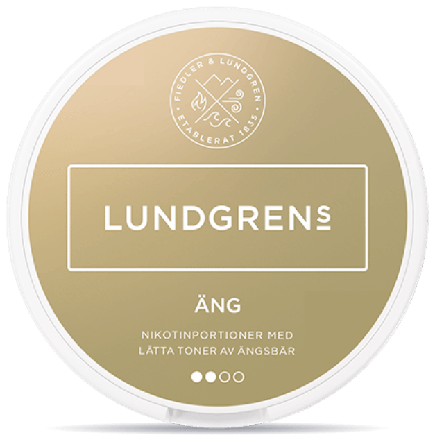 Front view of a can of Lundgrens Äng nicotine pouches