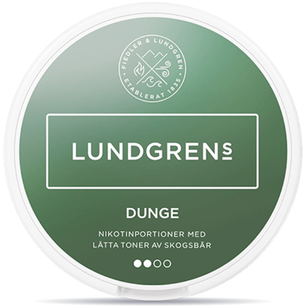 Front view of a can of Lundgrens Dunge nicotine pouches