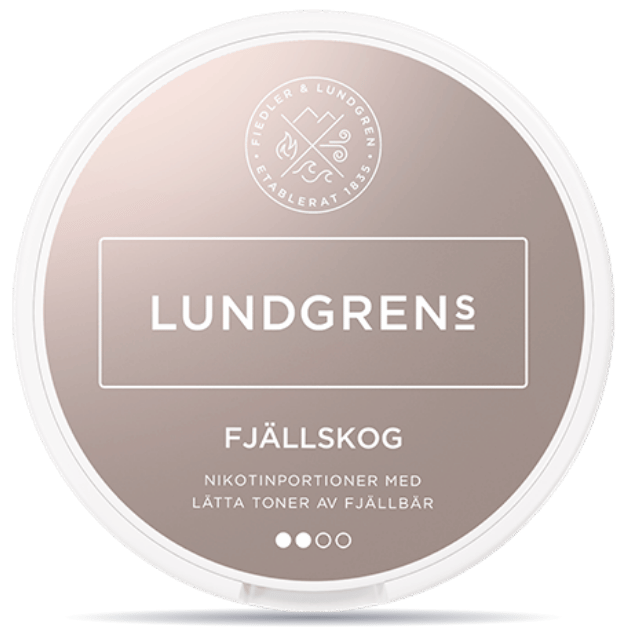 Front view of a can of Lundgrens Fjällskog nicotine pouches