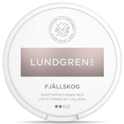 Front view of a can of Lundgrens Fjällskog nicotine pouches