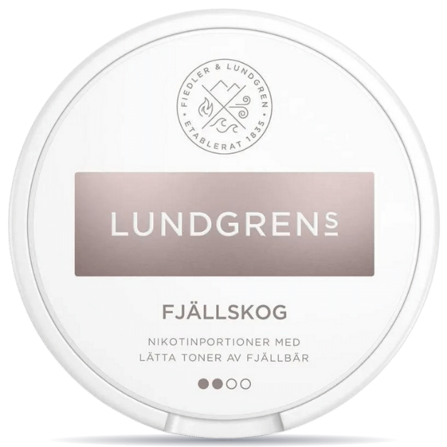 Front view of a can of Lundgrens Fjällskog nicotine pouches