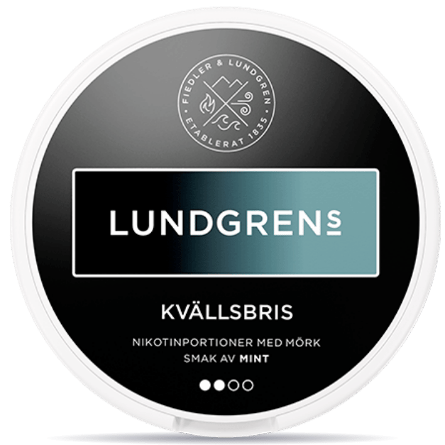 Front view of a can of Lundgrens Kvällsbris nicotine pouches