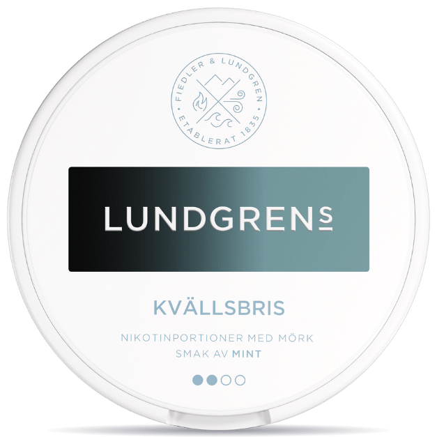 Front view of a can of Lundgrens Kvällsbris nicotine pouches