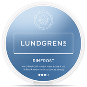 Front view of a can of Lundgrens Rimfrost nicotine pouches