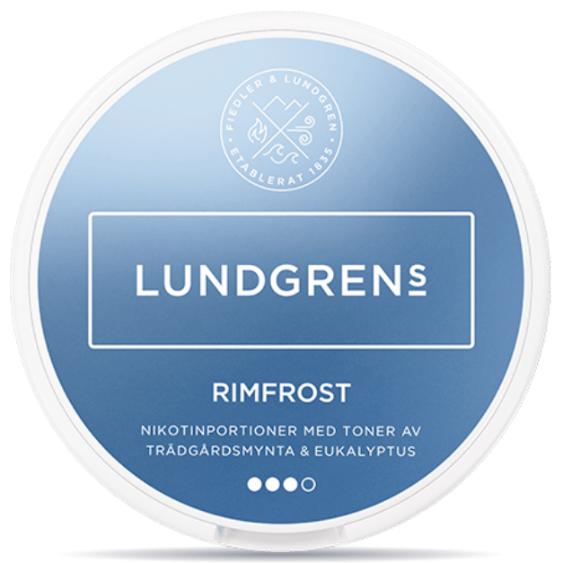 Front view of a can of Lundgrens Rimfrost nicotine pouches