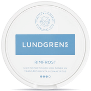 Front view of a can of Lundgrens Rimfrost nicotine pouches