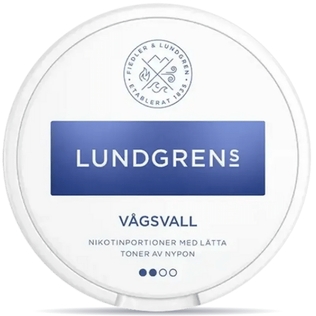 Front view of a can of Lundgrens Vågsvall nicotine pouches