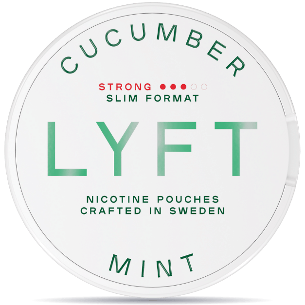 Front view of a can of LYFT Cucumber Mint Strong Slim nicotine pouches