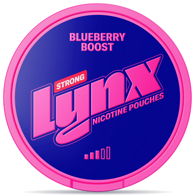 Front view of a can of LYNX Blueberry Boost Slim Strong nicotine pouches