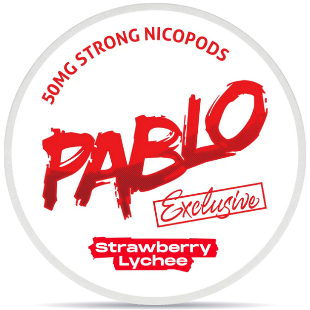 Front view of a can of PABLO Exclusive Strawberry Lychee nicotine pouches