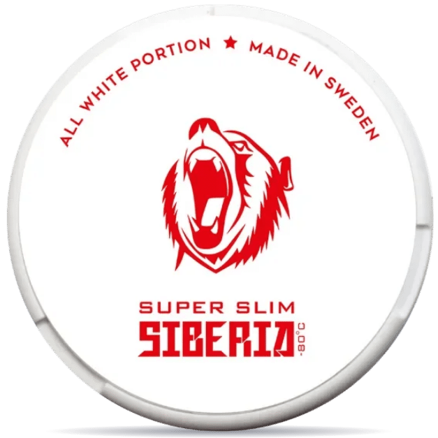 Front view of a can of SIBERIA Super Slim All White Portion nicotine pouches