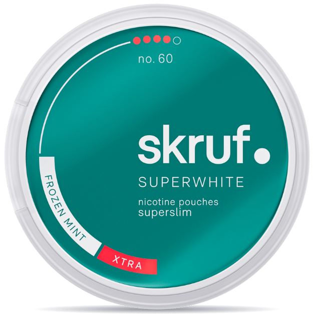 Front view of a can of Skruf Superwhite No.60 Frozen Mint Extra Strong nicotine pouches