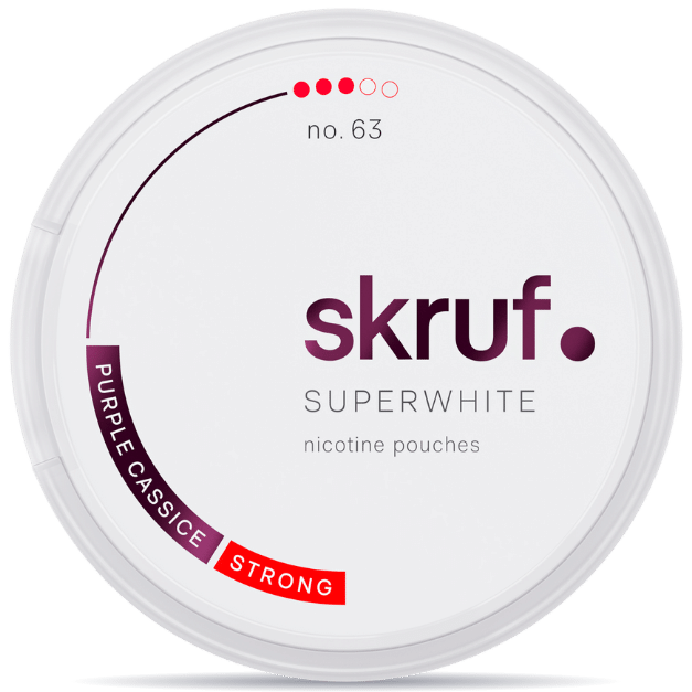 Front view of a can of Skruf Super White No.63 Purple Cassice Strong nicotine pouches