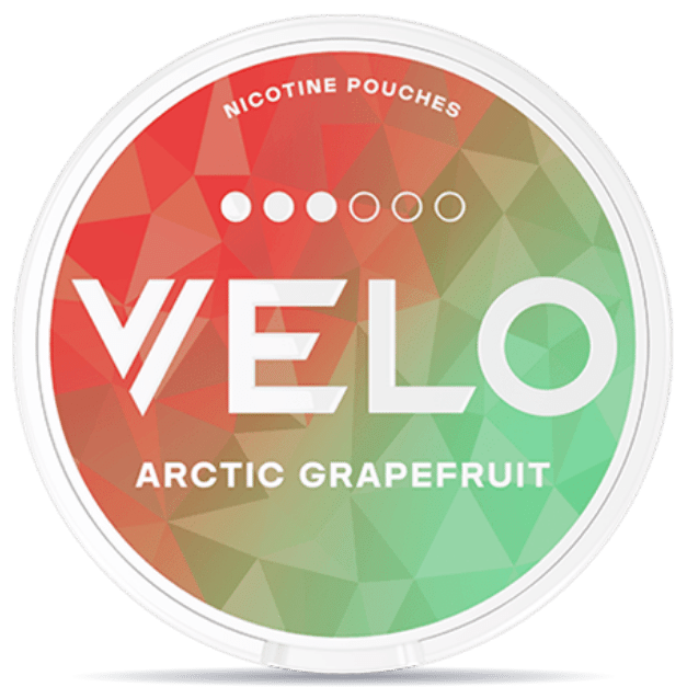 Front view of a can of VELO Arctic Grapefruit nicotine pouches