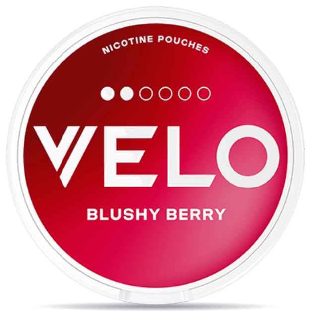 Front view of a can of VELO Blushy Berry nicotine pouches